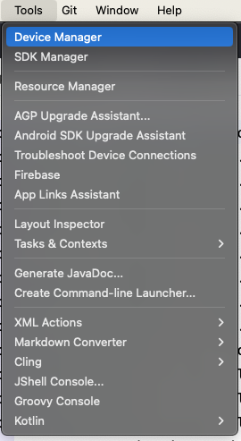 Tools 메뉴에 옵션 목록이 표시되어 있음. 목록의 중간 쯤에 표시된 Device Manager가 선택되어 있음
