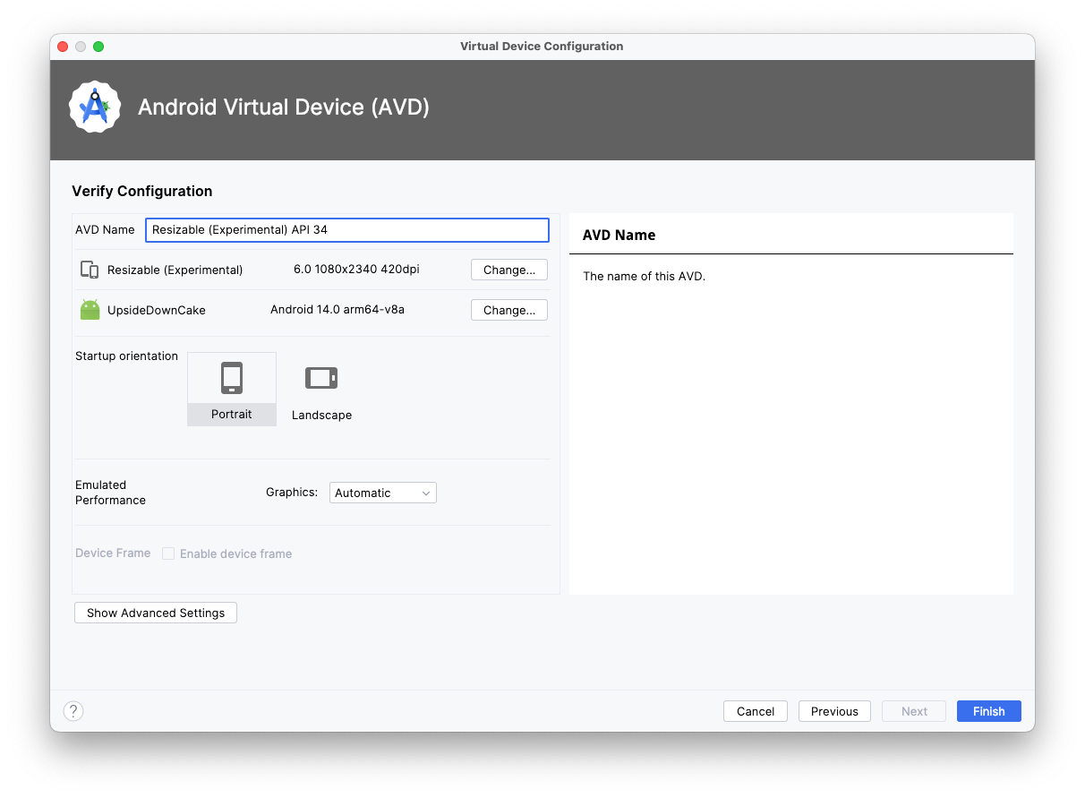 L&#39;écran de configuration d&#39;appareils virtuels Android s&#39;affiche. L&#39;écran de configuration comprend un champ de texte permettant de saisir le nom de l&#39;appareil virtuel Android. Sous le champ de nom se trouve la liste des options d&#39;appareil, y compris la définition de l&#39;appareil (Redimensionnable expérimental), l&#39;image système (Tiramisu) et l&#39;orientation (l&#39;orientation Portrait est sélectionnée par défaut). Lecture des boutons 