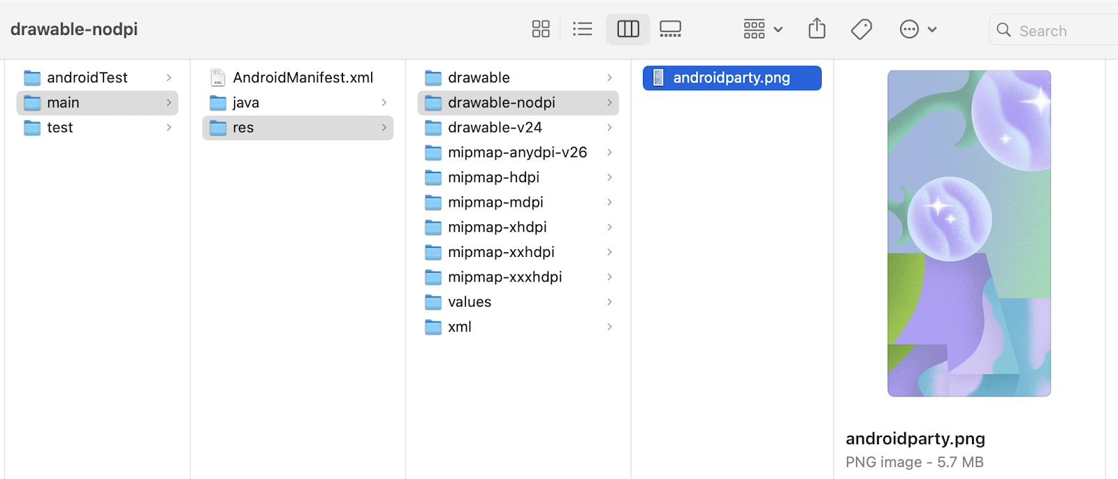 File browser showing the location of image in the app directory It is placed under the folder drawable no dpi