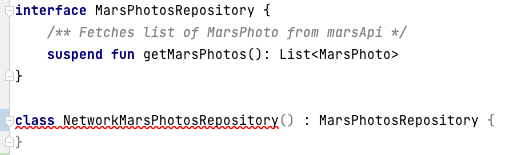 Android studio screenshot showing MarsPhotosRepository interface and  class NetworkMarsPhotosRepository