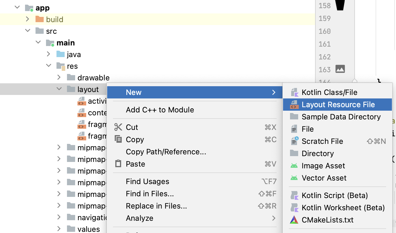 Android studio project pane context pane opened with an option to create a layout resource file. 