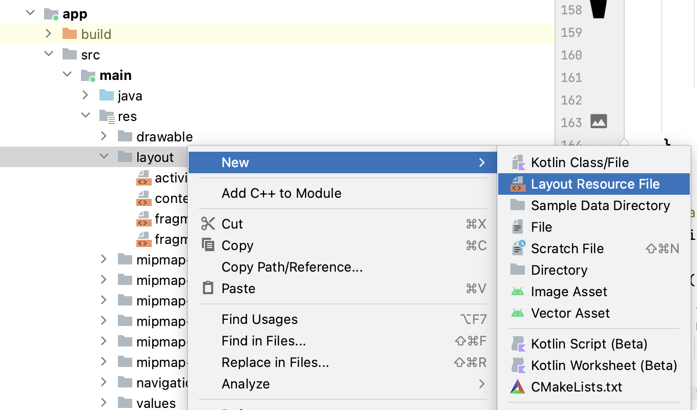 Panel konteks panel project Android Studio terbuka dan berisi opsi untuk membuat file resource tata letak. 