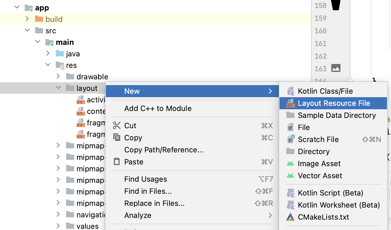 Android studio project pane context pane opened with an option to create a layout resource file.