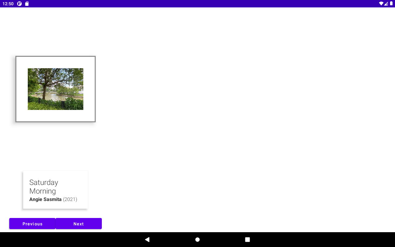 Uma tela de tablet de um app de galeria de arte que mostra o conteúdo da IU espremido em um lado da tela e um grande espaço em branco do outro lado.