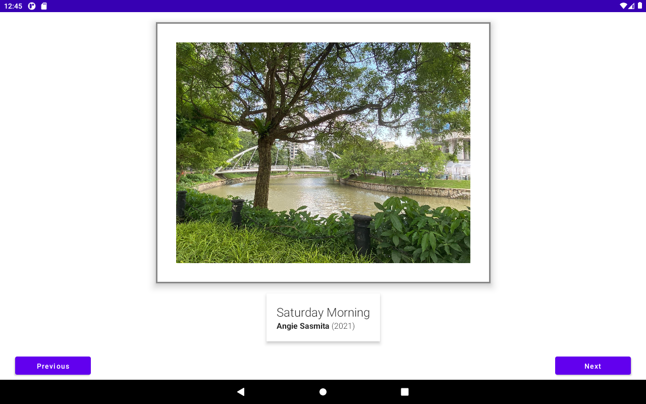 Pantalla de una tablet con una app Art Space que muestra elementos de IU como se espera, con una imagen centrada y el carte correspondiente.