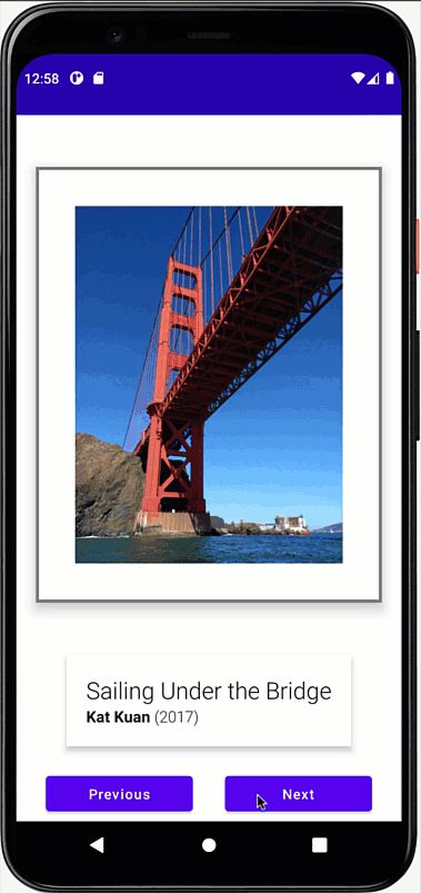 O app mostra obras de arte diferentes com descrições quando os usuários tocam nos botões "Anterior" ou "Próxima".