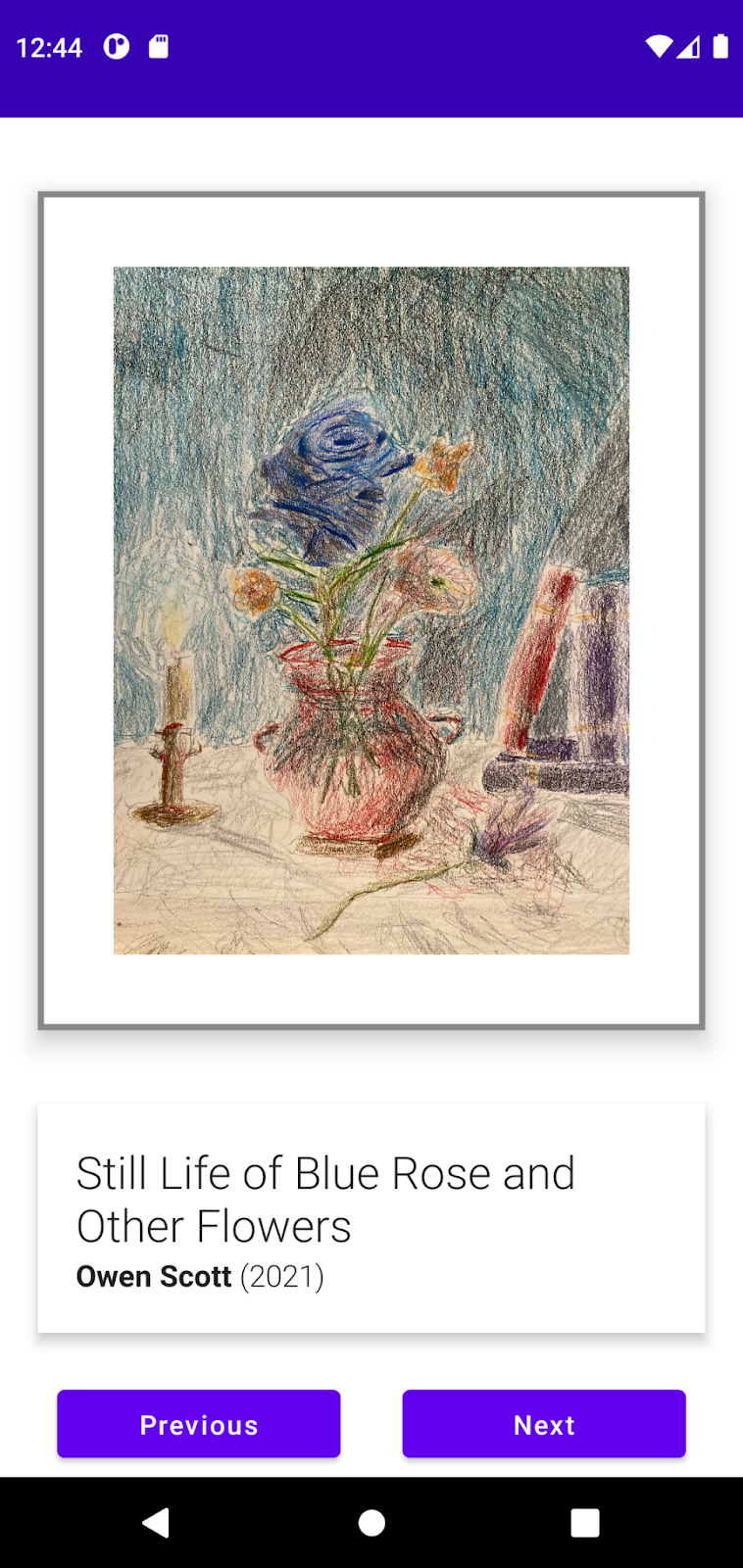 Exemple d'application Art Space affichant l'œuvre "Still Life of Blue Rose and Other Flowers" d'Owen Scott.