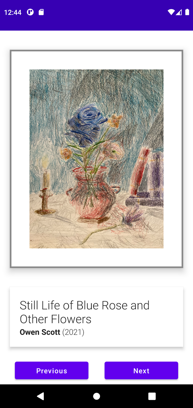Um exemplo de um app de galeria de arte que exibe Still Life of Blue Rose and Other Flowers de Owen Scott.