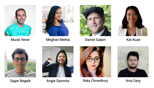 圖片中展示了課程作者：Murat Yener、Meghan Mehta、Dan Galpin、Kat Kuan、Sagar Begale、Angie Sasmita、Raka Chowdhury 和 Anuj Garg