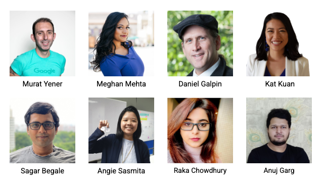 Imagen que muestra a los autores del curso: Murat Yener, Meghan Mehta, Dan Galpin, Kat Kuan, Sagar Begale, Angie Sasmita, Raka Chowdhury y Anuj Garg