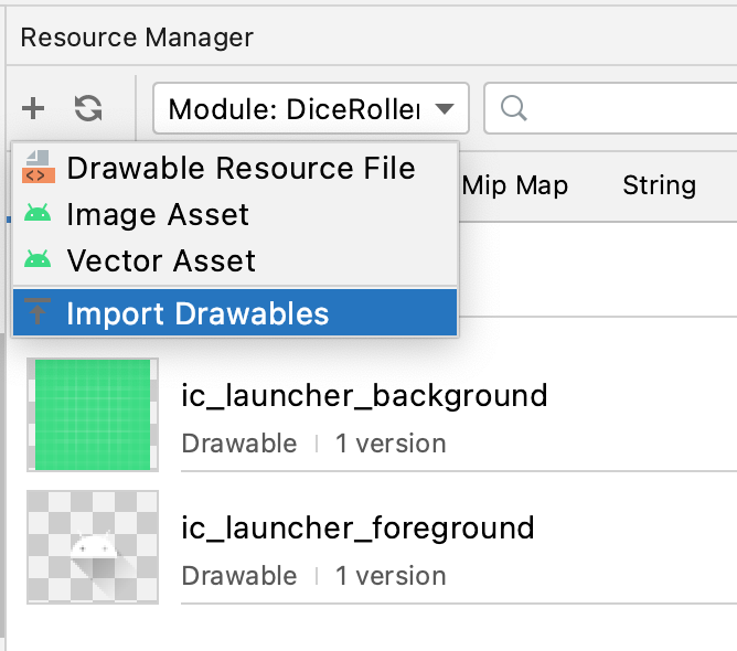 The add resource drop-down menu in the Resource Manager displays the option to import drawables.