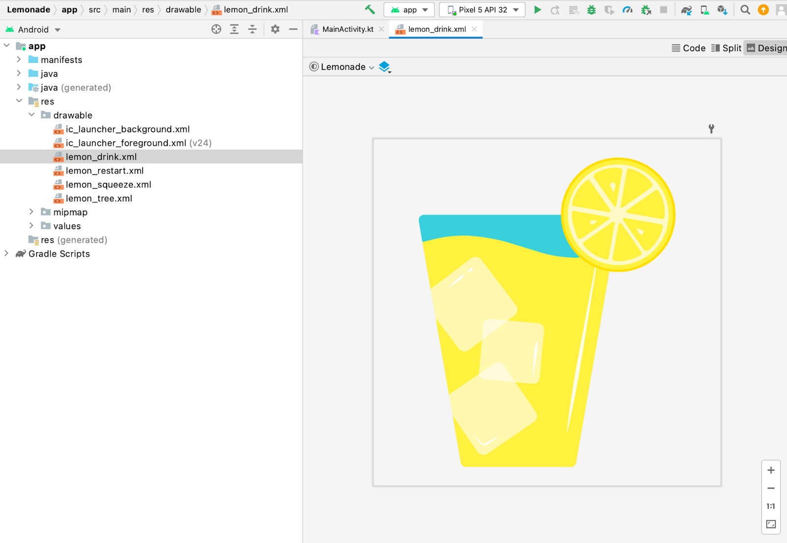 Android 스튜디오에서 lemon_drink.xml 드로어블 파일이 선택된 Project 창. Design 창에서 레모네이드가 든 커다란 잔 이미지인 드로어블 파일의 미리보기가 열려 있습니다.