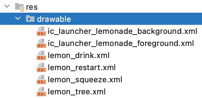 Sơ đồ phân cấp thư mục, trong đó res là thư mục cấp cao nhất. Trong thư mục res là một thư mục có thể vẽ. Trong thư mục có thể vẽ này, có một danh sách gồm 6 tệp: ic_launcher_lemonade_background.xml, ic_launcher_lemonade_foreground.xml, lemon_drink.xml, lemon_restart.xml, lemon_squeeze.xml, and lemon_tree.xml.