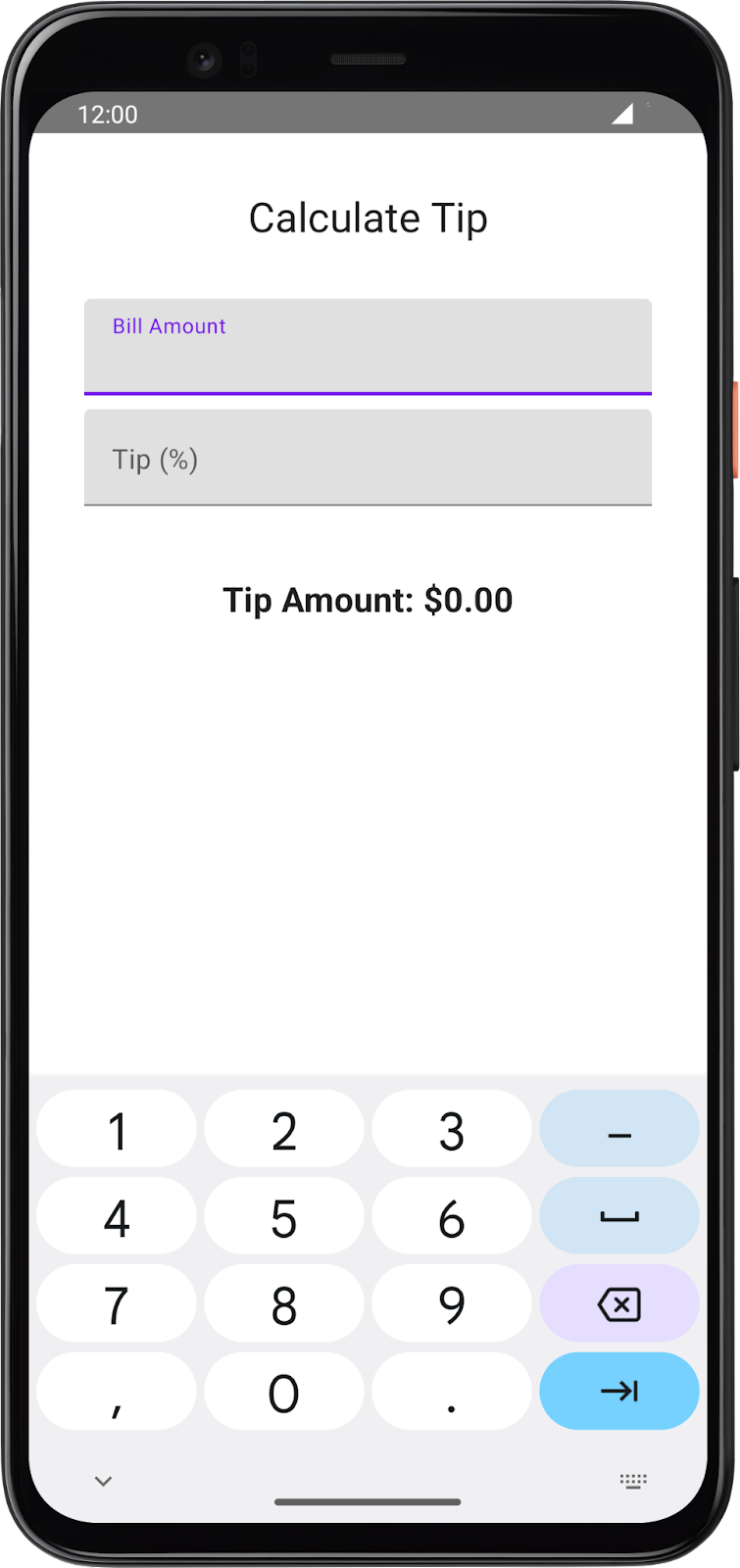 The keyboard displays the Next action button when the Bill Amount text field is selected.