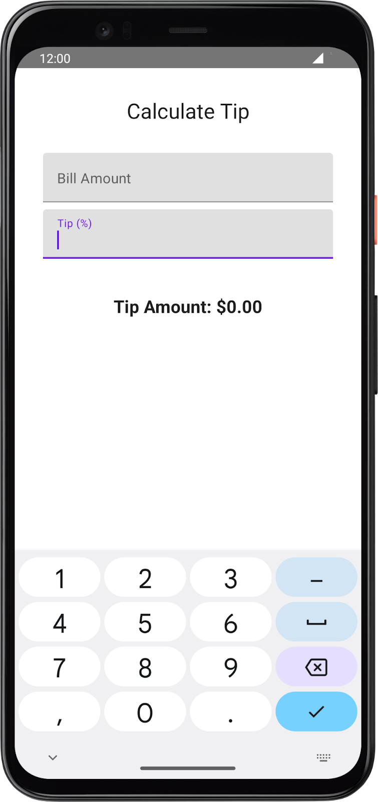 Tip (%) 텍스트 필드가 선택되면 키보드에는 Done 작업 버튼이 표시됩니다.