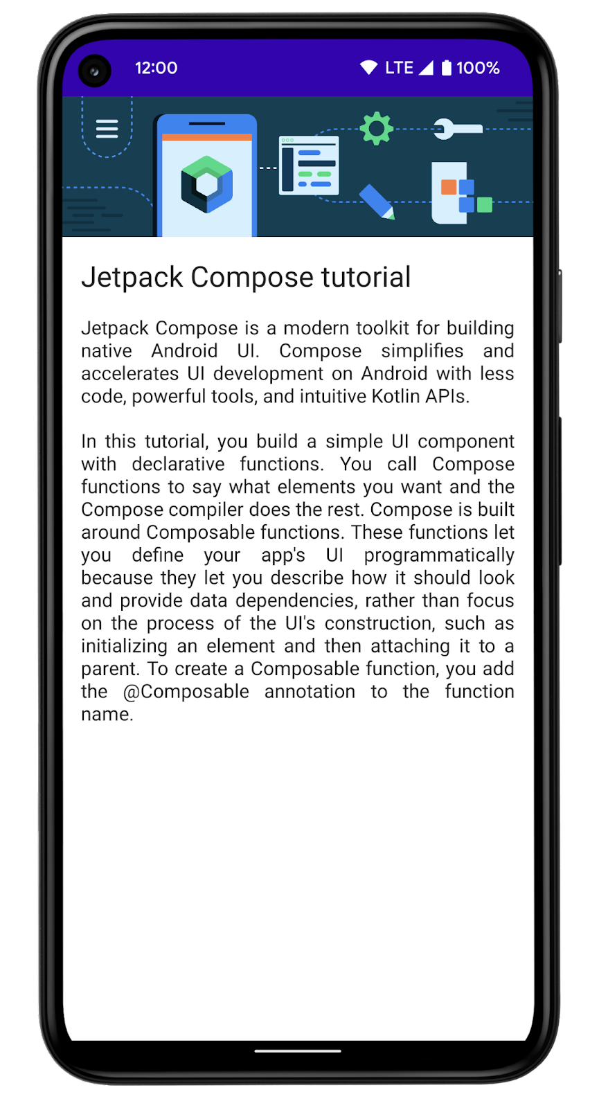 The app displays a tutorial for Compose.