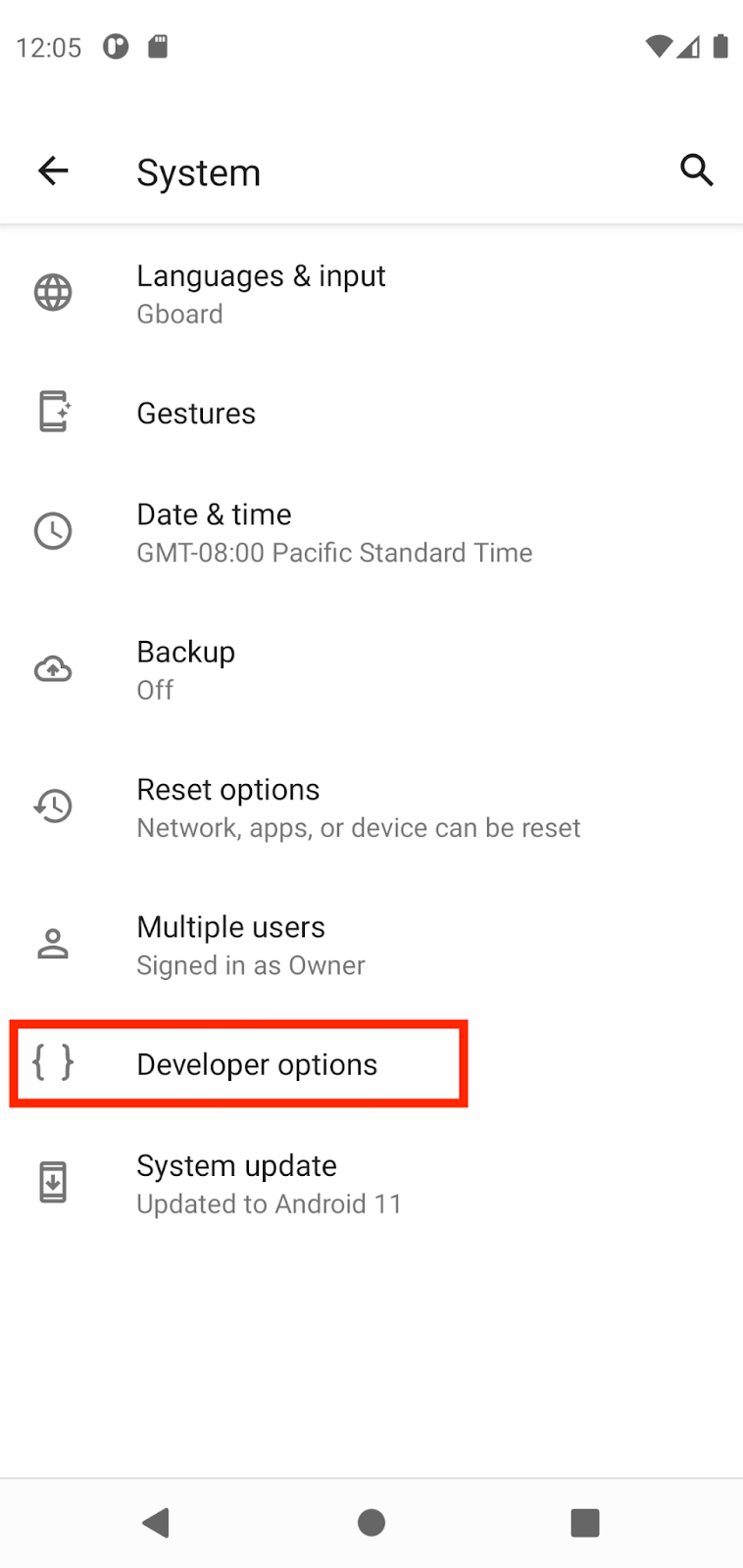 Options pour les développeurs Cette image montre la page "Système" avec l'entrée "Options pour les développeurs" encadrée en rouge.