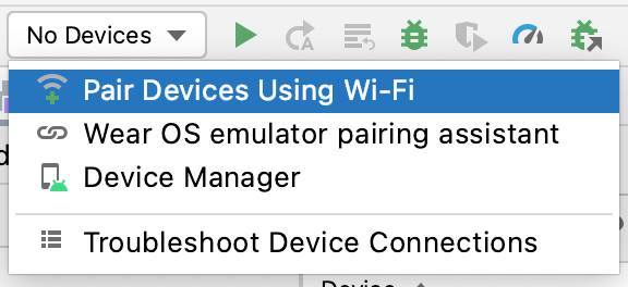 Menyambungkan perangkat Gambar ini menampilkan menu drop-down dengan opsi Pair Devices Using Wi-Fi yang dipilih.