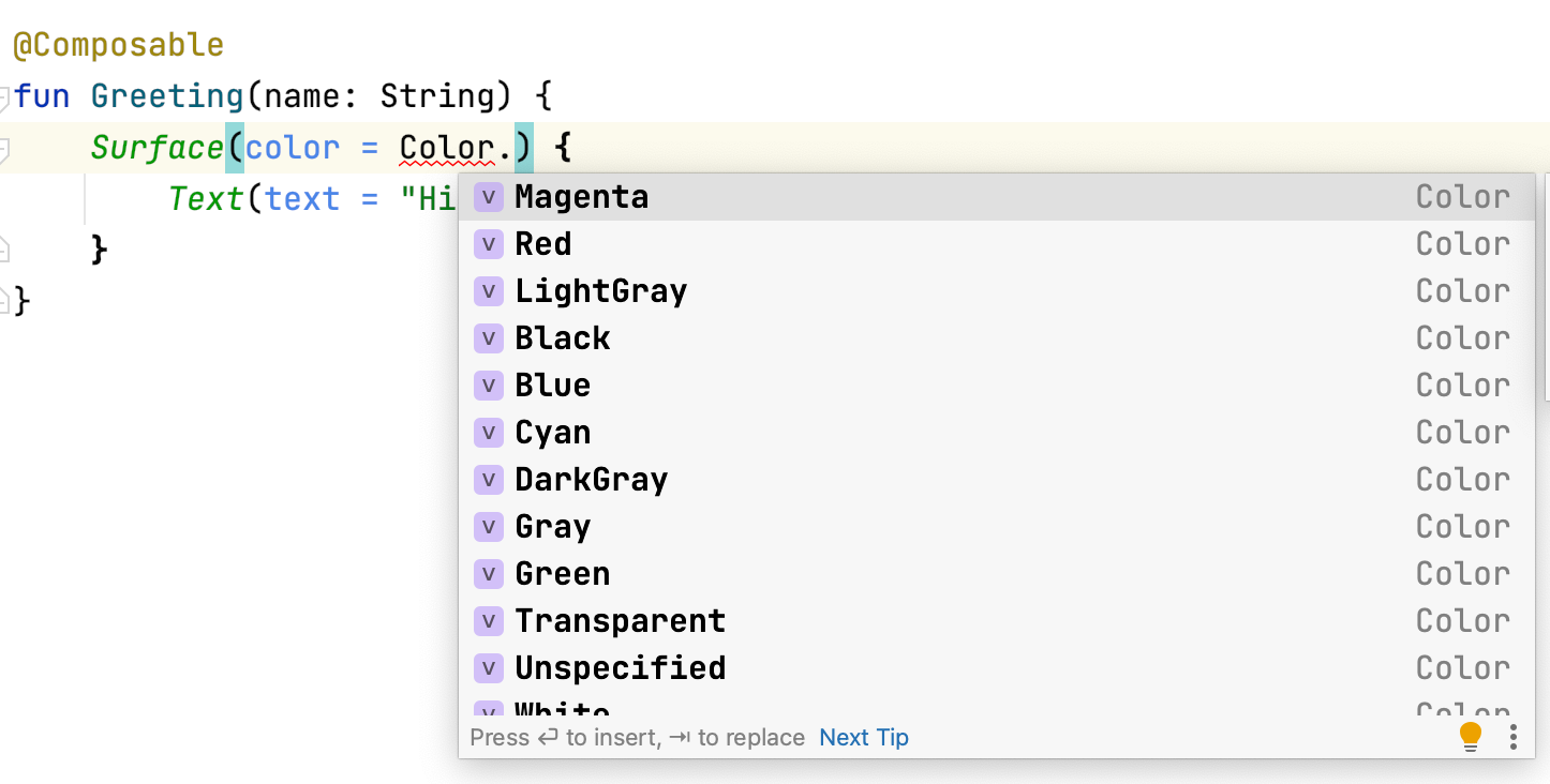 A imagem de código mostra o contêiner da Surface aceitando um argumento "Color" (cor). O argumento Color tem um ponto ao lado e há um menu depois dele com nomes de cores diferentes.