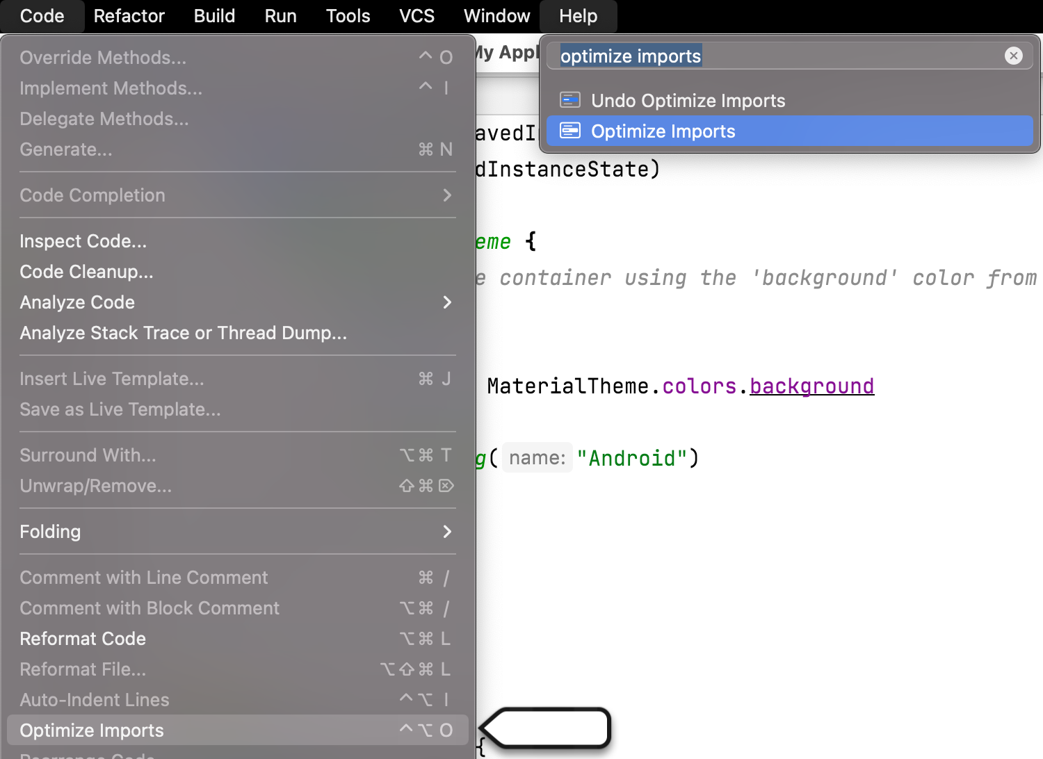 This image shows how to find Optimize Imports 