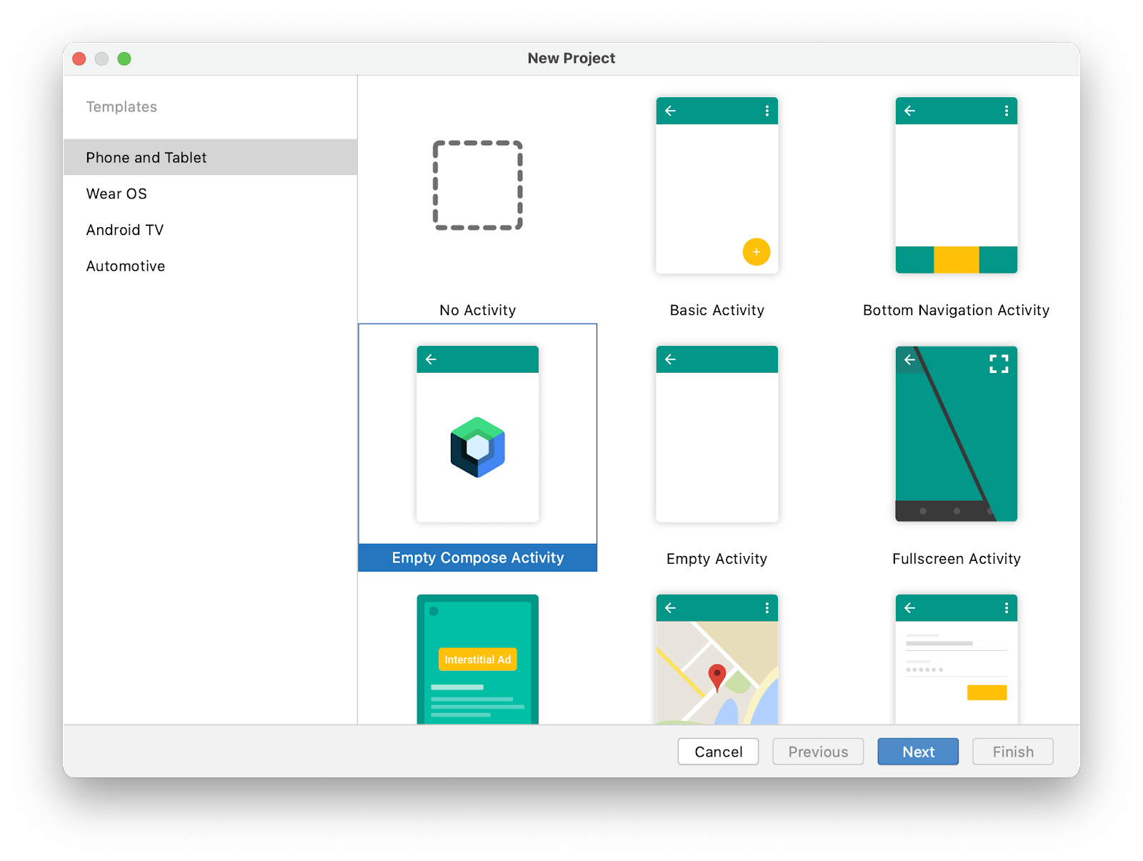 This image shows the New project window, which includes templates to make apps for phones and tablets, Wear OS, Android TV, and Automotive. 