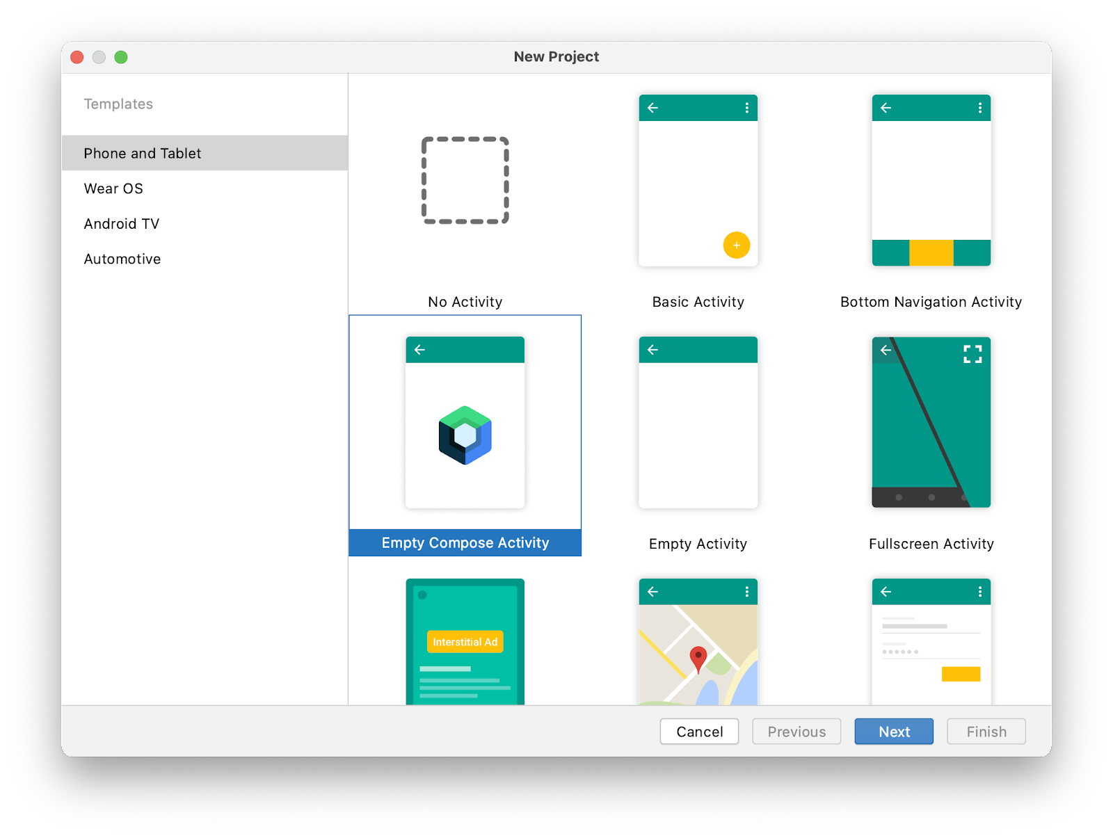 En esta imagen, se muestra la ventana New Project, que incluye plantillas destinadas a crear apps para teléfonos y tablets, Wear OS, Android TV y Automotive. 