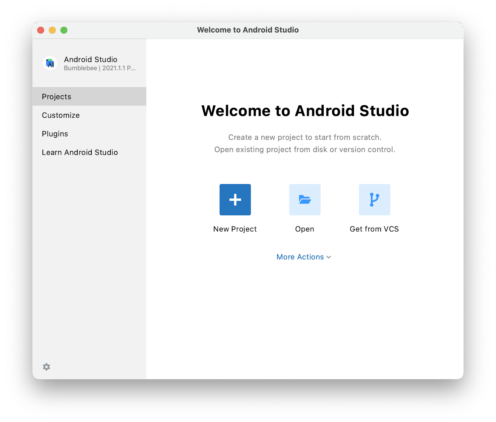 Esta imagem é a página de abertura do Android Studio