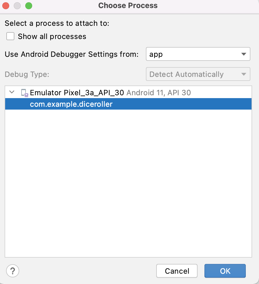 Choose the process to attach the debugger