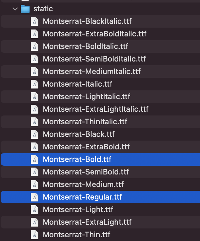 Cette image montre le contenu du dossier statique des polices Montserrat.