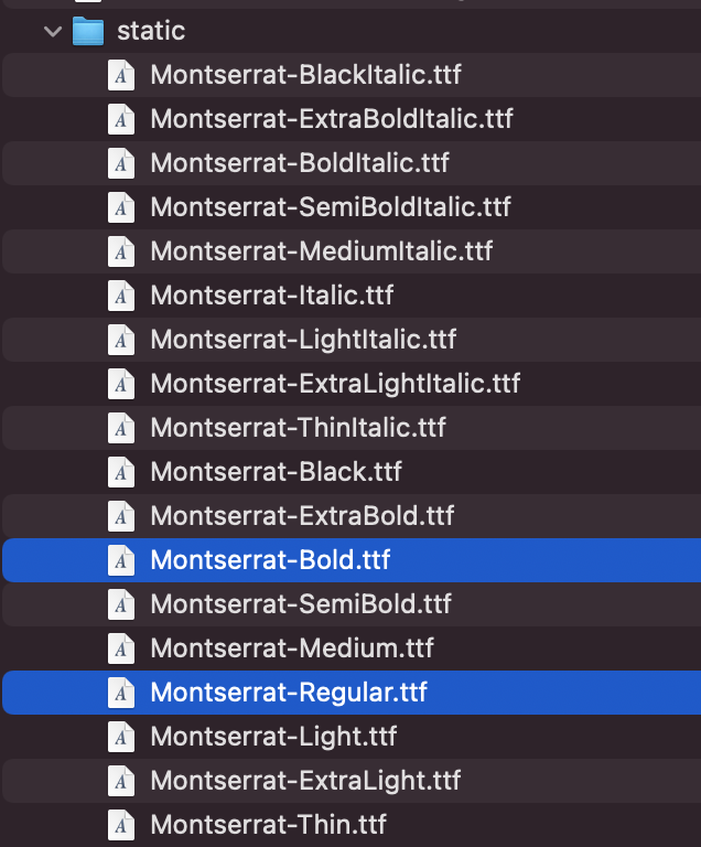 這張圖片顯示 Montserrat 字型的靜態資料夾內容。