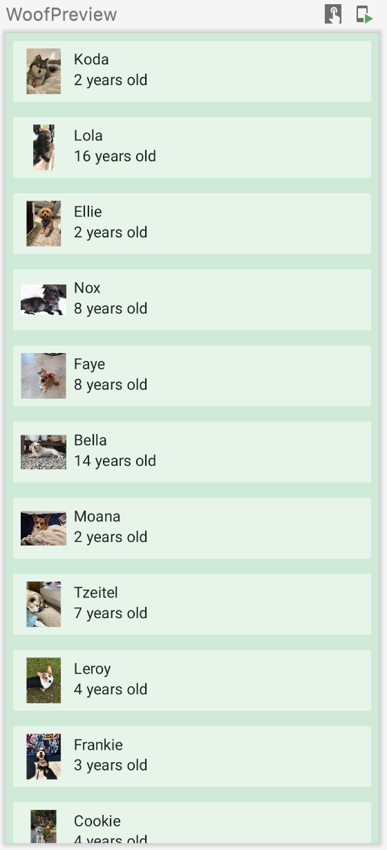 Esta imagem mostra um app na WoofPreview com uma lista de cachorros, incluindo os nomes, fotos e idades deles. O app inclui uma cor para o próprio segundo plano, uma cor de segundo plano para os itens da lista e uma cor para o texto. 