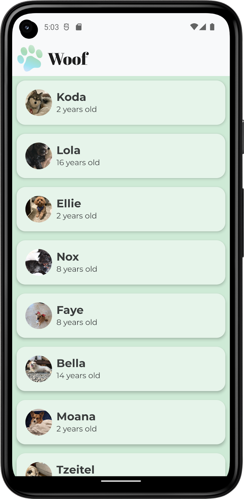 Esta imagem mostra o app Woof com uma barra de status personalizada no tema claro.