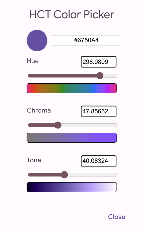 HCT 顏色挑選器 這是 HCT 顏色挑選器,可讓您在 Material Design 主題設定建構工具中選擇自訂顏色。