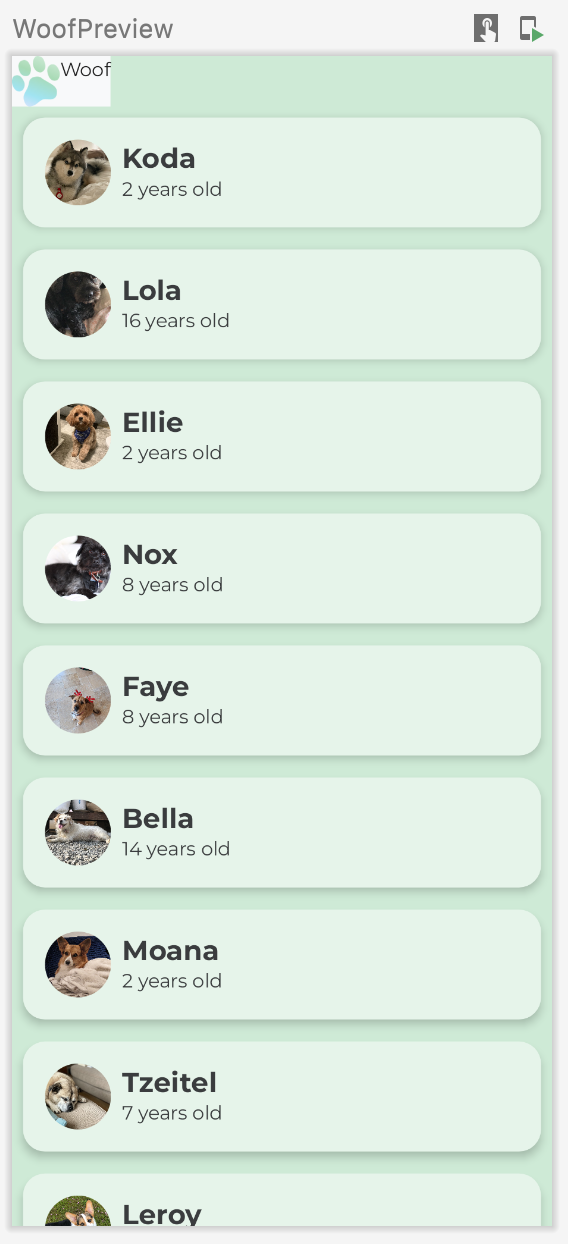 Esta imagem mostra o app Woof com uma barra de cima que inclui imagem, texto e um segundo plano parcial.