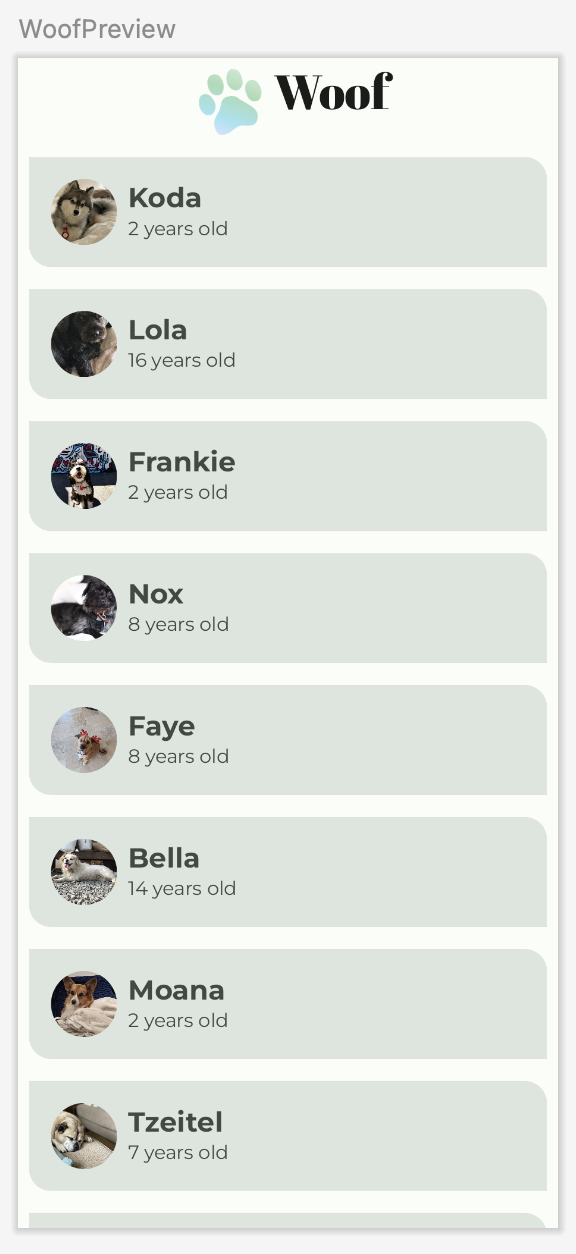 Aperçu de l'application Woof Aperçu de l'application Woof avec la barre d'application supérieure