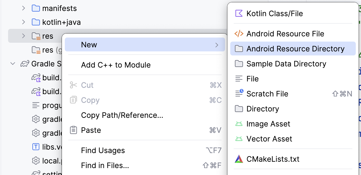 Gambar ini menunjukkan navigasi struktur file ke Direktori Resource Android.