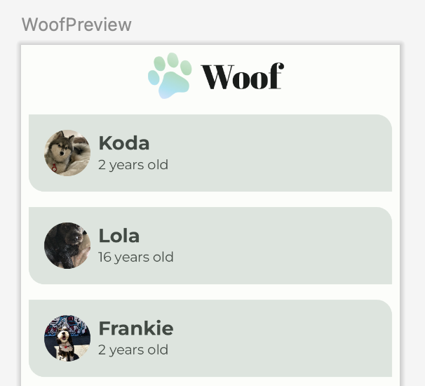 세로 방향으로 가운데 정렬된 상단 앱 바가 적용된 Woof 미리보기