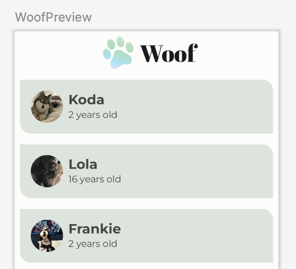 Woof 미리보기 세로 방향으로 가운데 정렬된 상단 앱 바가 적용된 Woof 미리보기
