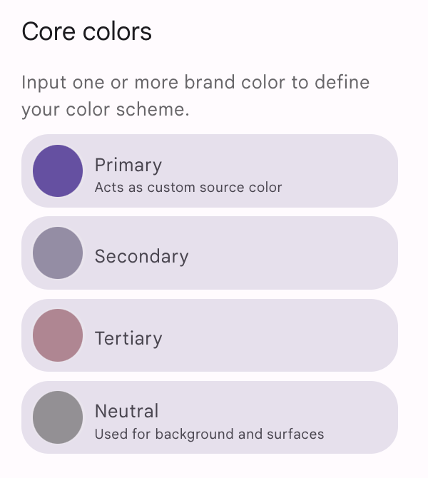 核心颜色 这显示的是 Material Theme Builder 中的四种核心颜色