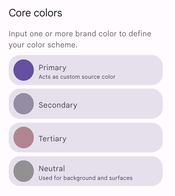 Thao tác này cho thấy 4 màu cốt lõi trong Material Theme Builder (Trình tạo giao diện Material) 