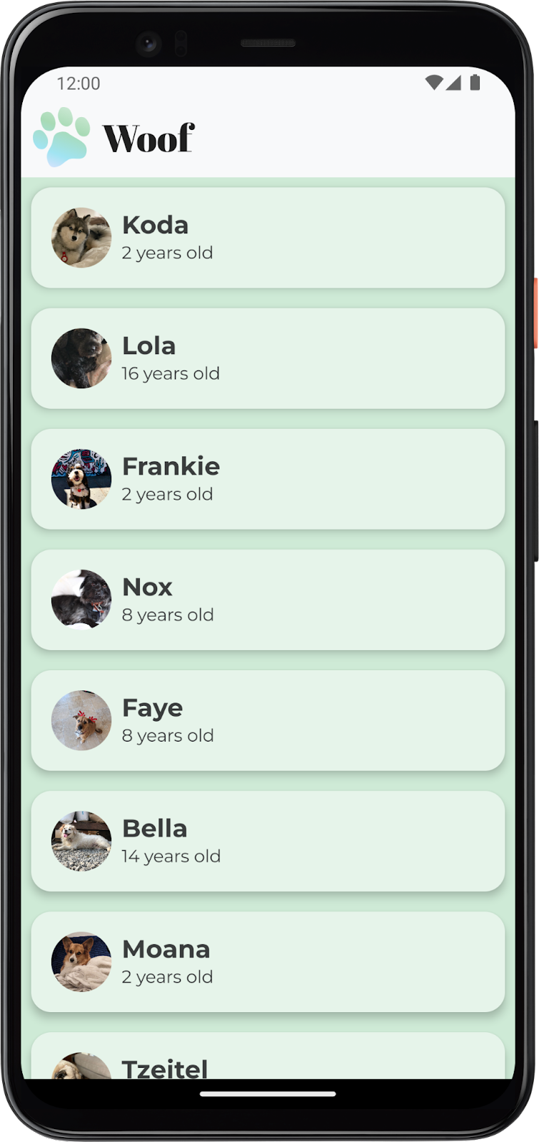 Esta imagem mostra o app Woof com uma barra de status personalizada no tema claro.