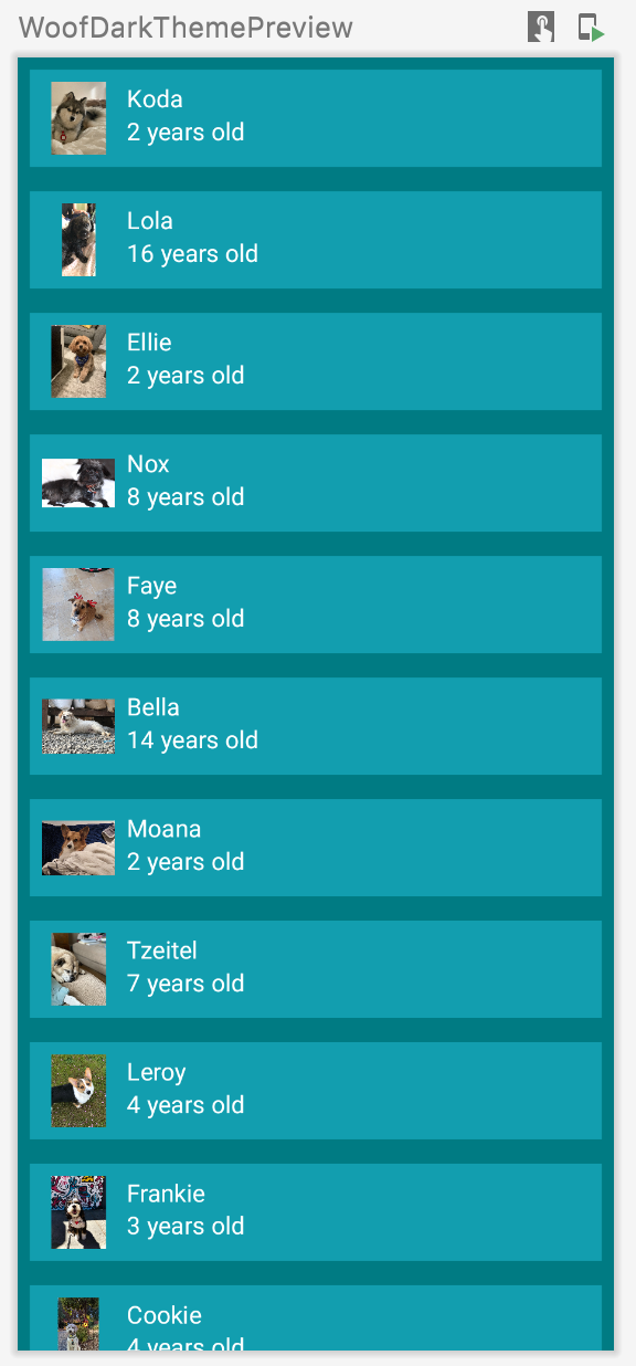 Esta imagem mostra um app na WoofPreview com uma lista de cachorros, incluindo os nomes, fotos e idades. O app inclui uma cor para o próprio segundo plano, uma cor de segundo plano para os itens da lista e uma cor para o texto. O app está no tema escuro.