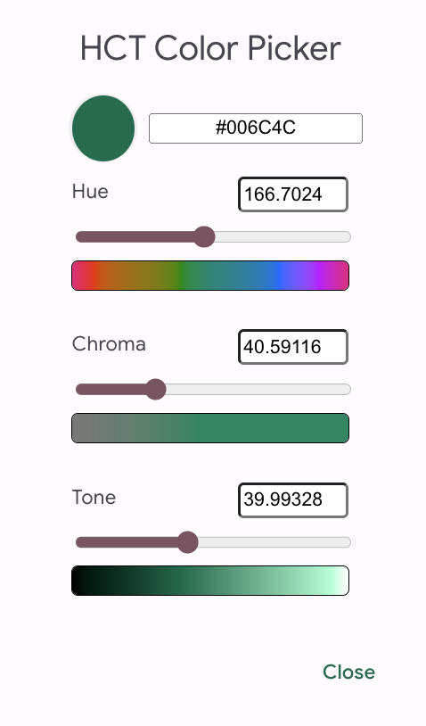 Se muestra el selector de color de HCT establecido en verde