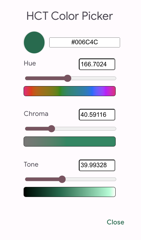 Isso mostra o seletor de cores HCT definido como verde