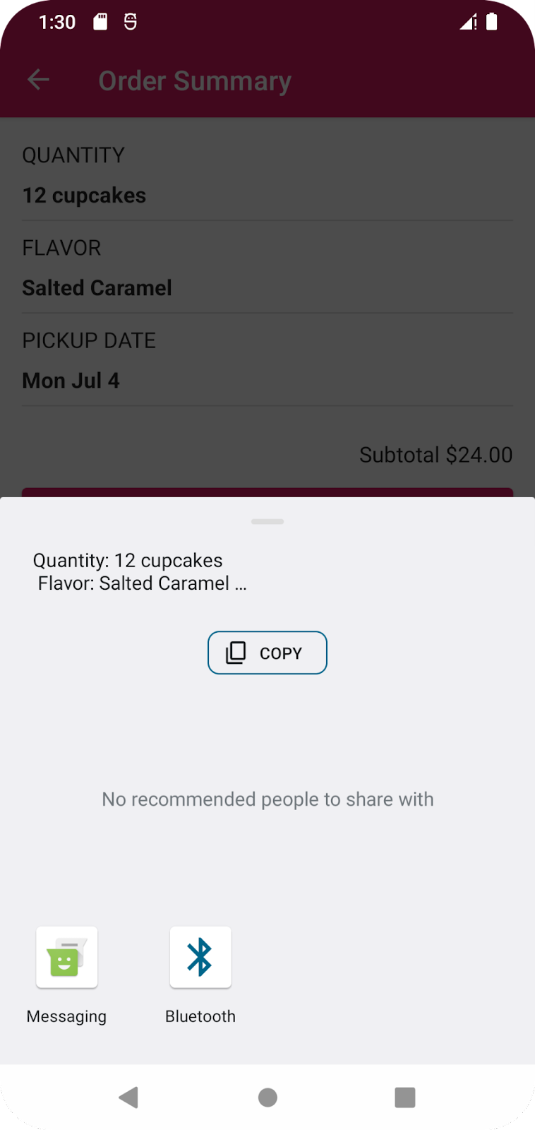 La app de Cupcake presenta al usuario opciones para compartir, como SMS o correo electrónico.