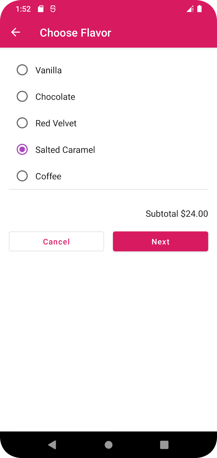 さまざまなフレーバーの選択肢を提示する Cupcake アプリ。