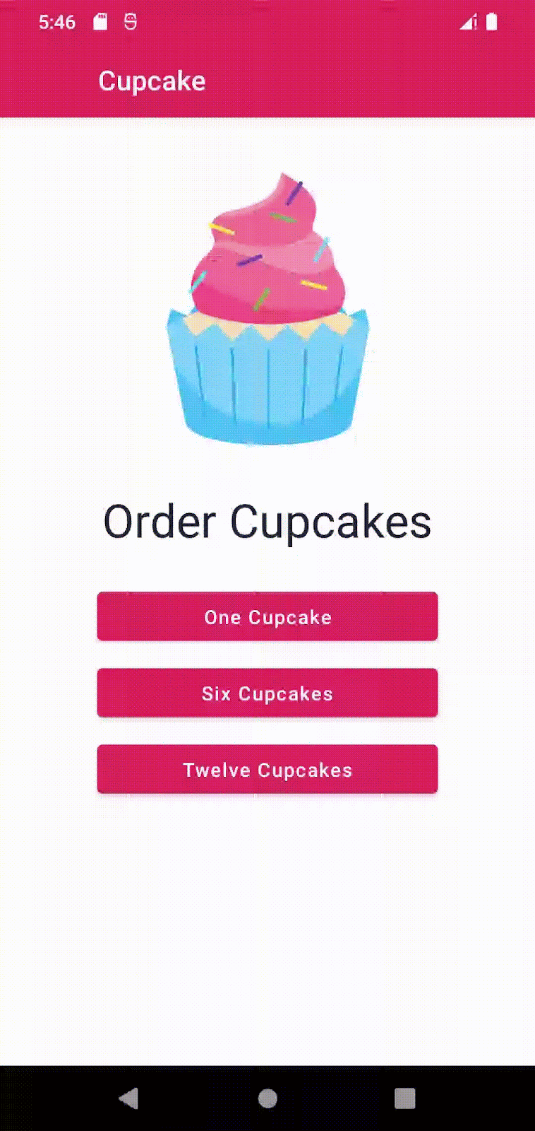 Animasi yang menunjukkan pengguna membuka setiap layar di aplikasi Cupcake yang telah selesai.