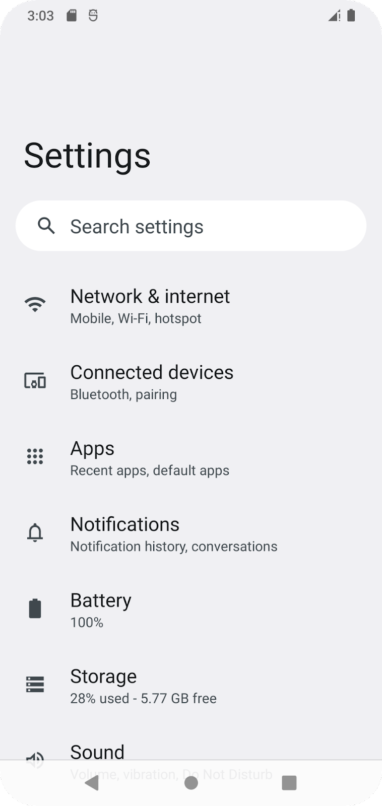 Primera página de la app de Configuración de Android.