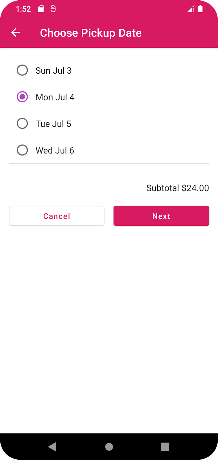La app de Cupcake presenta al usuario opciones para la fecha de retiro.