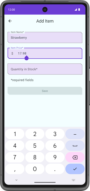 Écran de téléphone avec les détails de l&#39;article partiellement remplis et le bouton Save (Enregistrer) désactivé